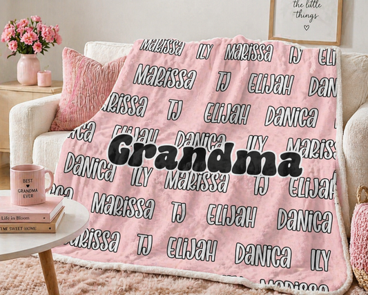 Personalized “Grandma” Velveteen Plush Blanket – Custom Grand Children Name Pattern