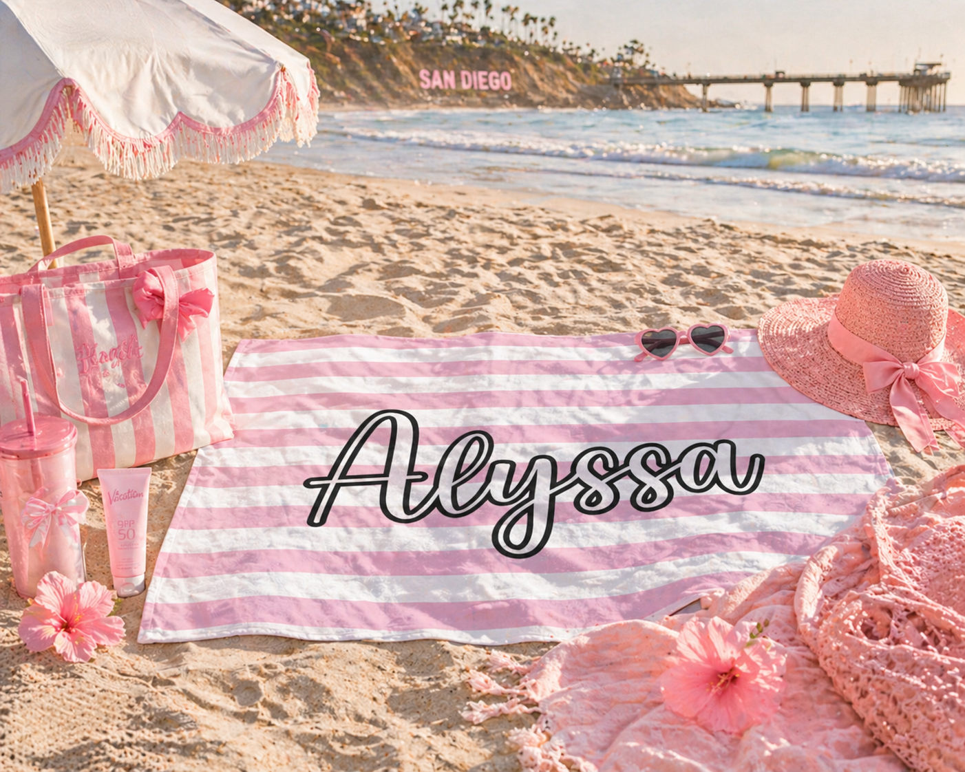 Personalized Pink Stripe Beach Towel | Custom Name Towel