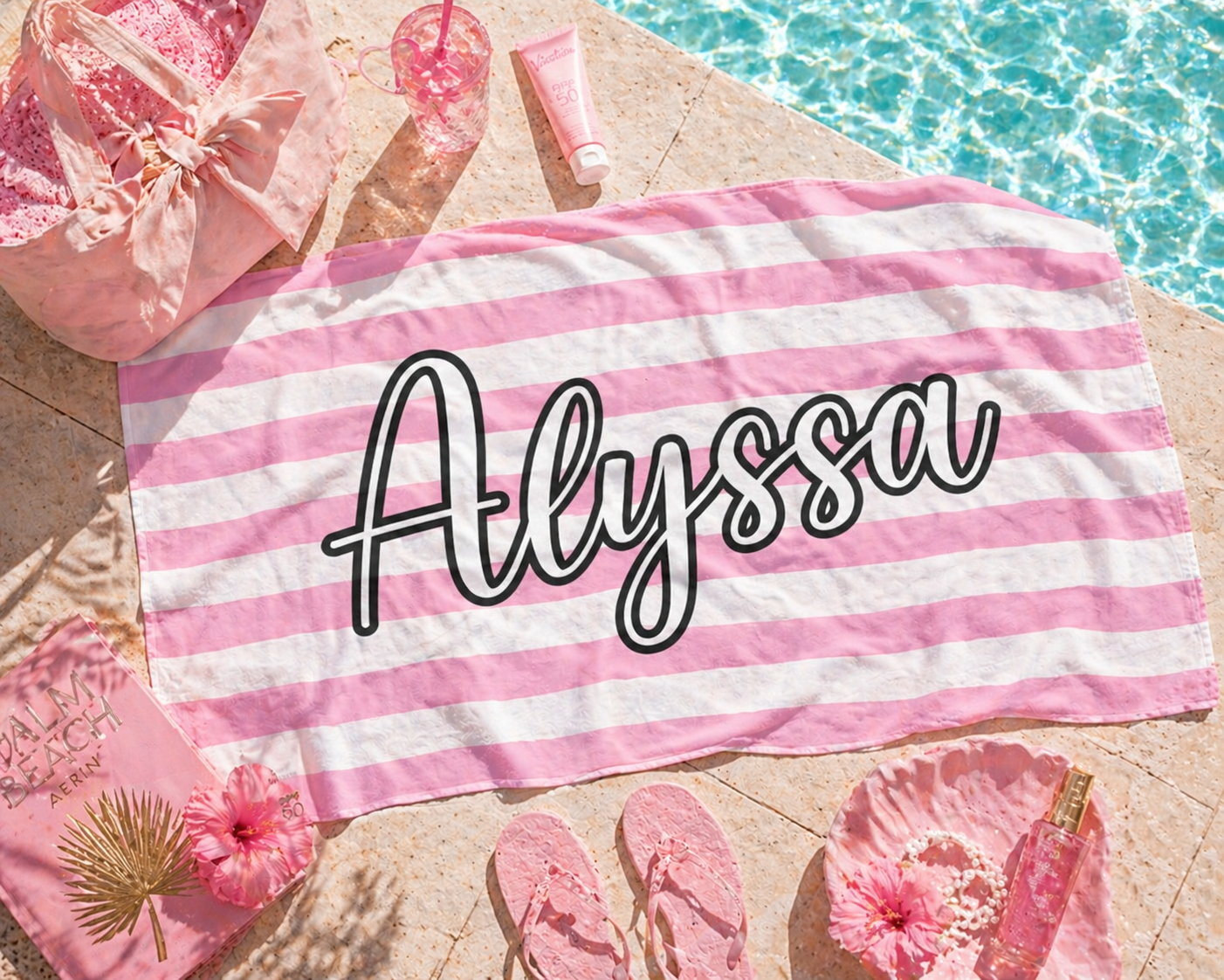 Personalized Pink Stripe Beach Towel | Custom Name Towel