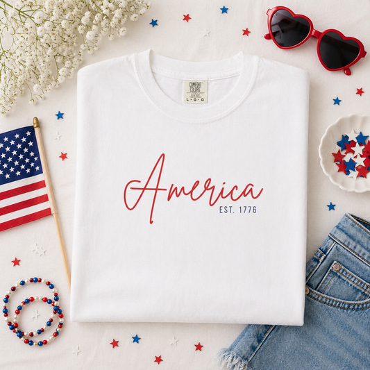 America EST. 1776 T-Shirt — Patriotic Script Tee for 4th of July