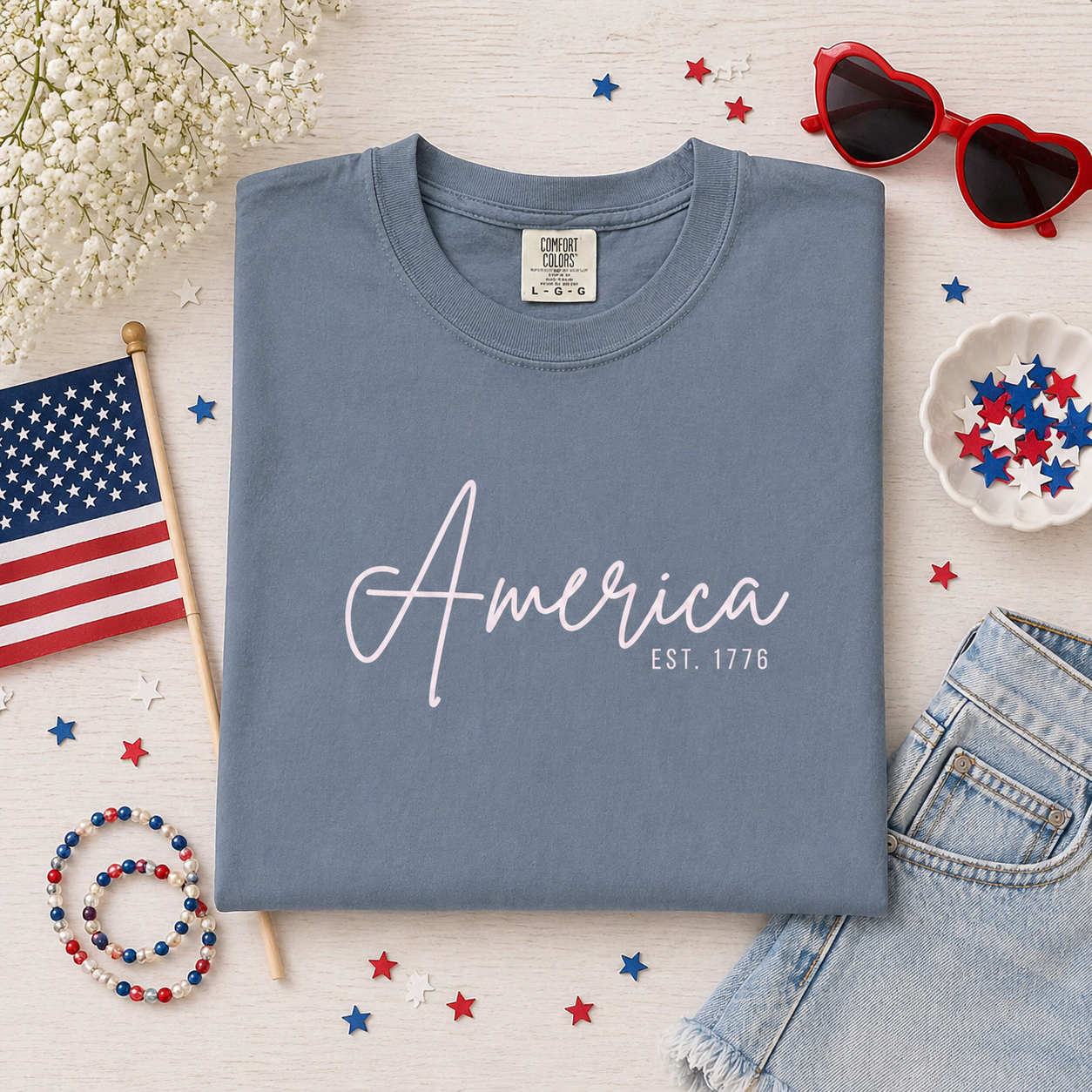 America EST. 1776 T-Shirt — Patriotic Script Tee for 4th of July