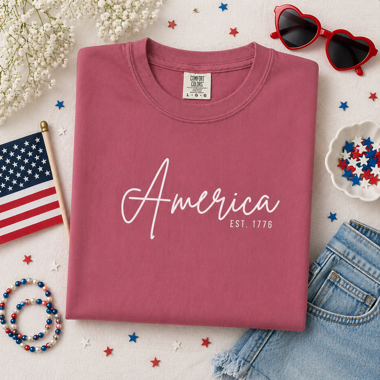 America EST. 1776 T-Shirt — Patriotic Script Tee for 4th of July