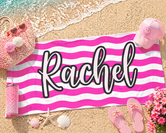 Personalized Pink Stripe Beach Towel – Custom Name Towel