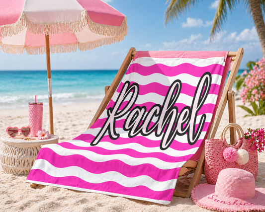 Personalized Pink Stripe Beach Towel – Custom Name Towel
