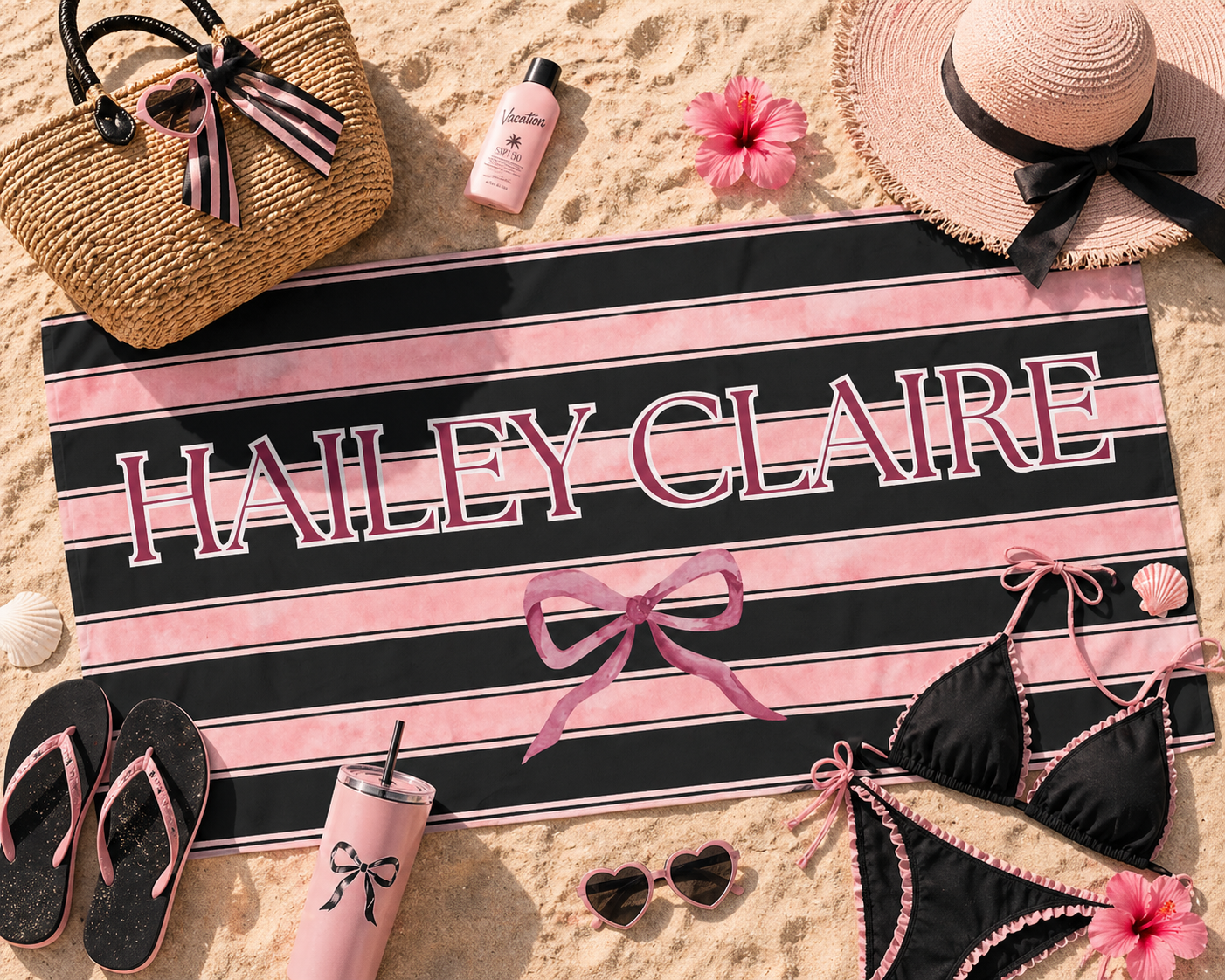 Personalized Striped Beach Towel — Pink & Black Name Towel with Bow