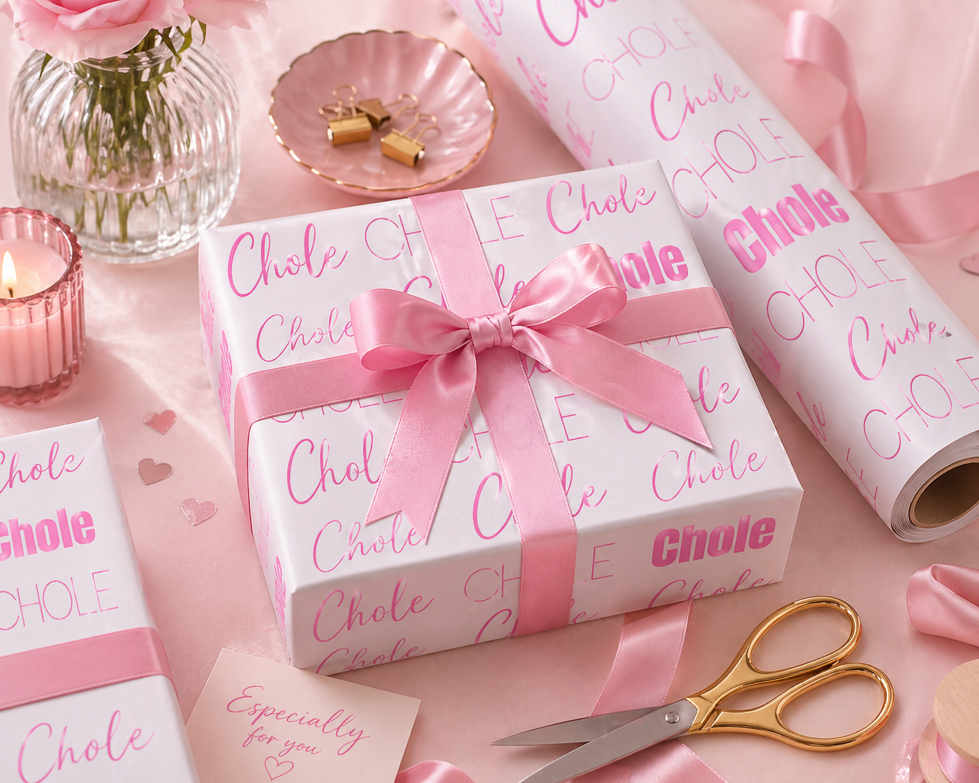 Birthday Gift Wrap Roll — Pink Script "Celebrate" Pattern