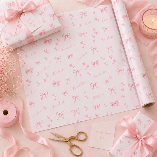 Pink bow Personalized Wrapping Paper | Custom Name gift wrap with Pink Bows and Hearts