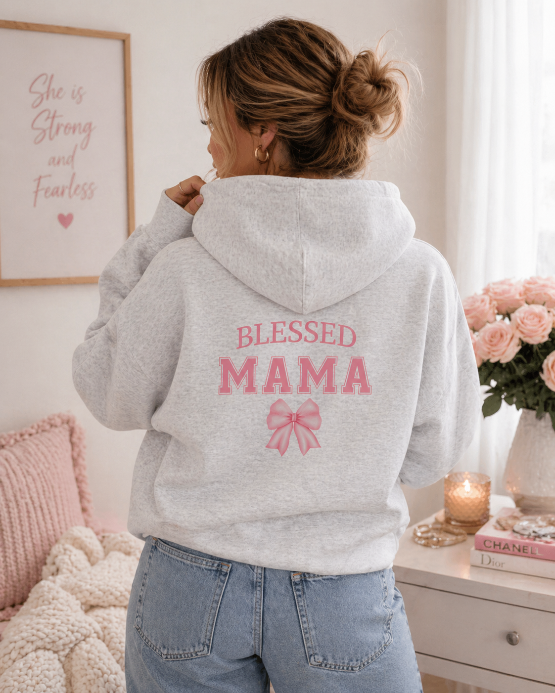 Blessed Mama Zip Up Hoodie — Pink Bow Mother’s Day Full-Zip Sweatshirt