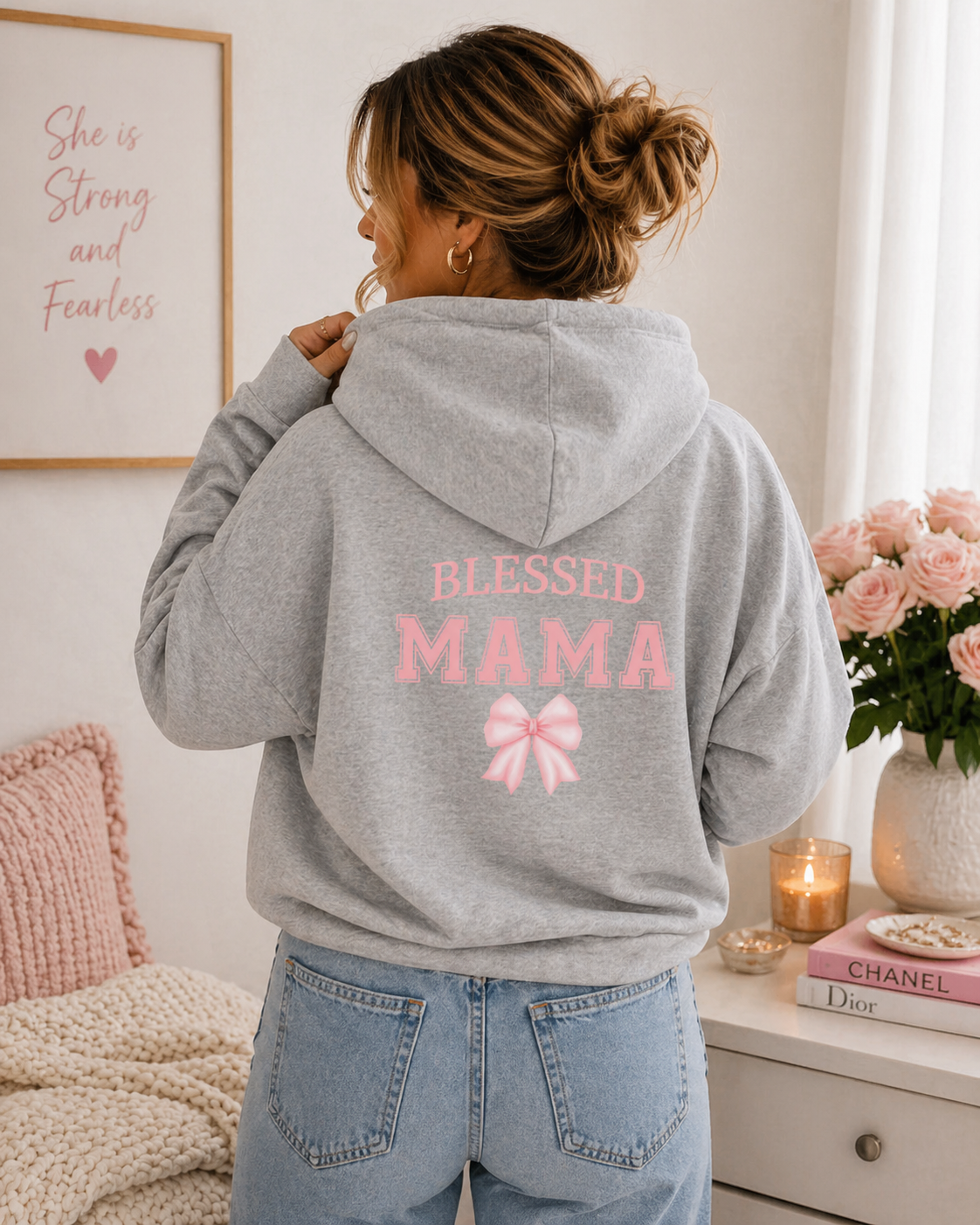 Blessed Mama Zip Up Hoodie — Pink Bow Mother’s Day Full-Zip Sweatshirt