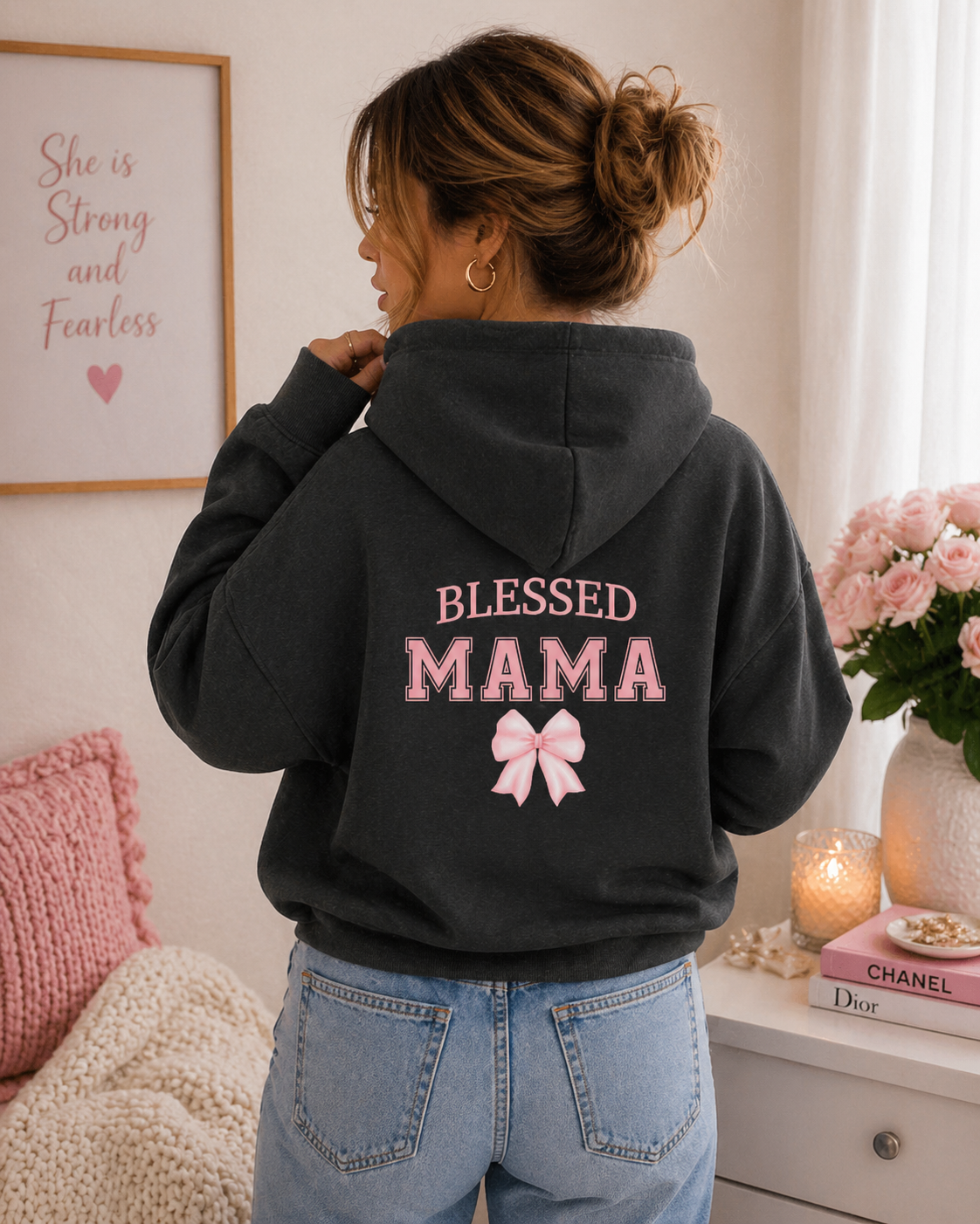 Blessed Mama Zip Up Hoodie — Pink Bow Mother’s Day Full-Zip Sweatshirt