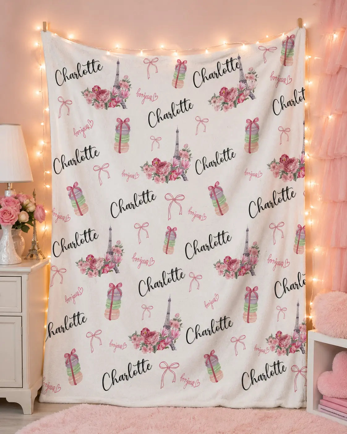 Personalized Paris Themed Plush Blanket — Custom Name Throw Printify