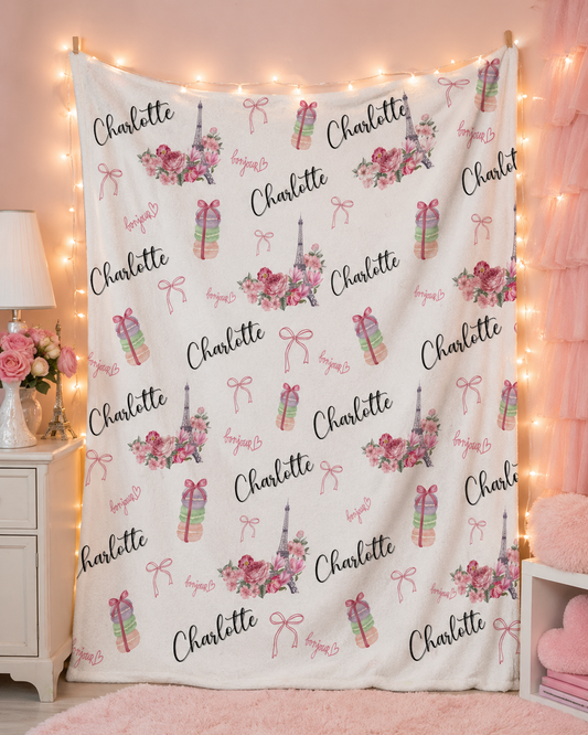 Personalized Paris Themed Plush Blanket — Custom Name Throw
