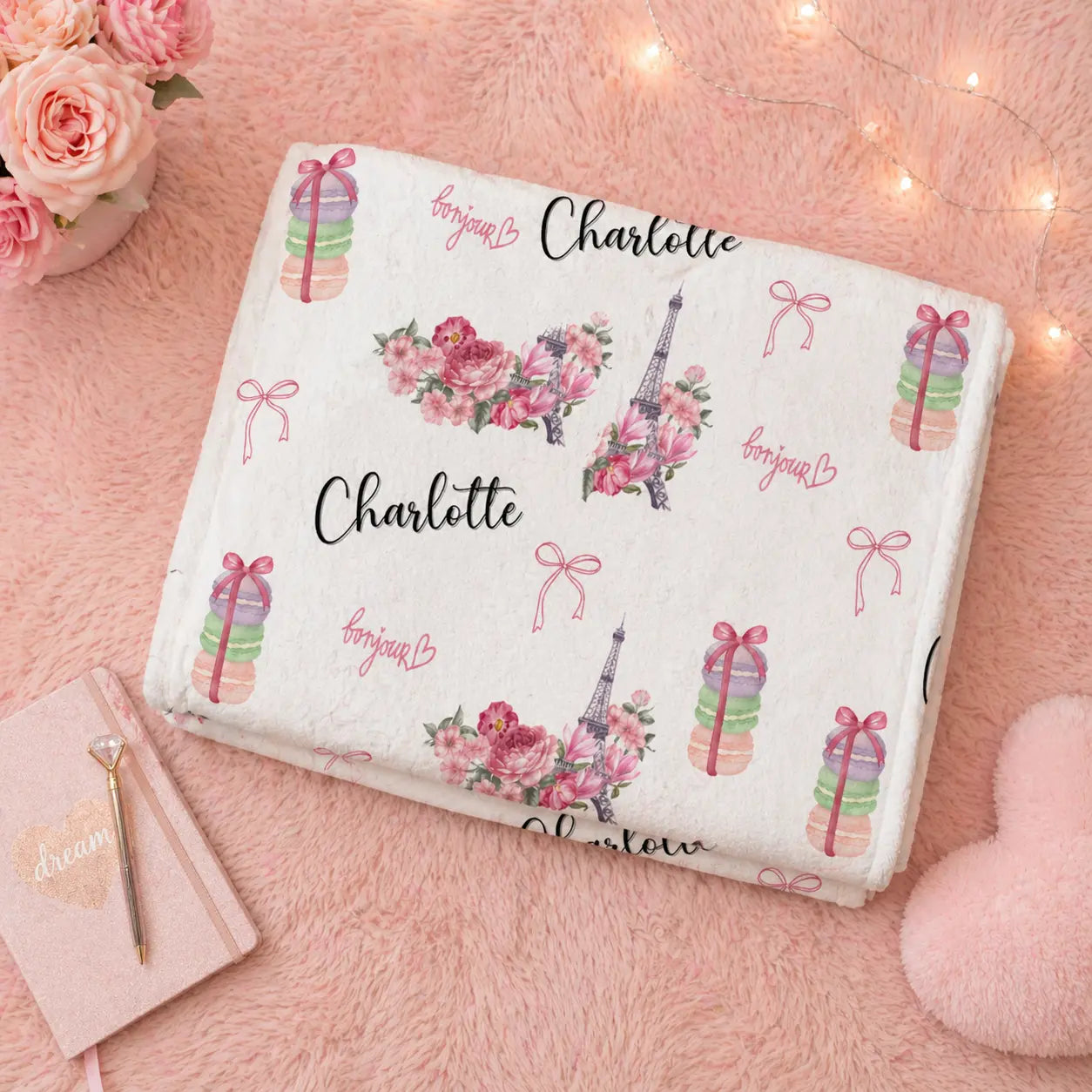 Personalized Paris Themed Plush Blanket — Custom Name Throw Printify