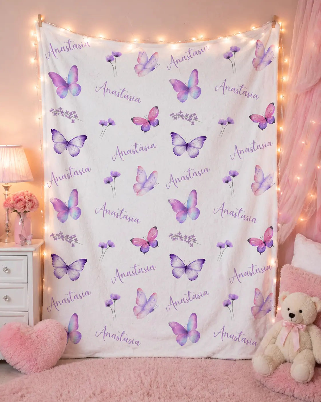 Personalized Purple Butterfly Name Blanket Printify