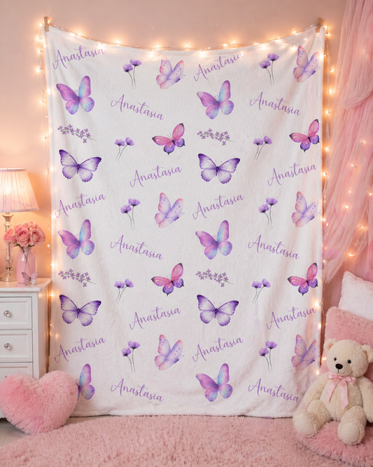 Personalized Purple Butterfly Name Blanket