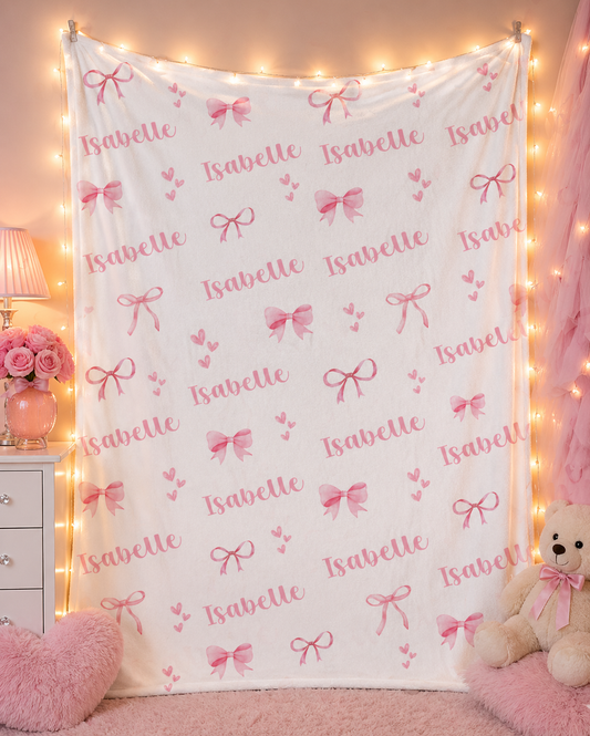 Personalized Pink Bow Blanket, Custom Name Swaddle, Monogrammed Infant Newborn Hospital Throw, Coquette Girl Nursery Decor, Baby Shower Gift