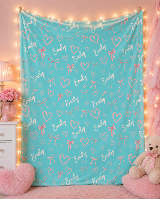 Personalized Turquoise Blanket | Custom Name Throw with bow and hearts