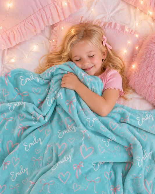 Personalized Turquoise Blanket | Custom Name Throw with bow and hearts