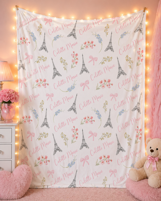 Paris Floral Personalized Name Blanket