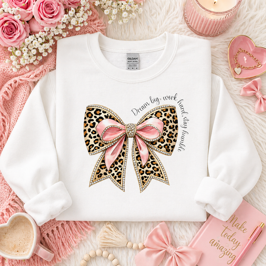 Leopard Bow Crewneck Sweatshirt — Dream Big, Work Hard, Stay Humble