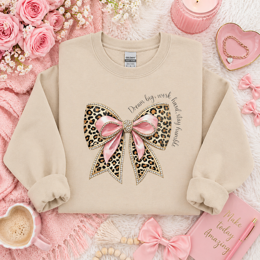 Leopard Bow Crewneck Sweatshirt — Dream Big, Work Hard, Stay Humble