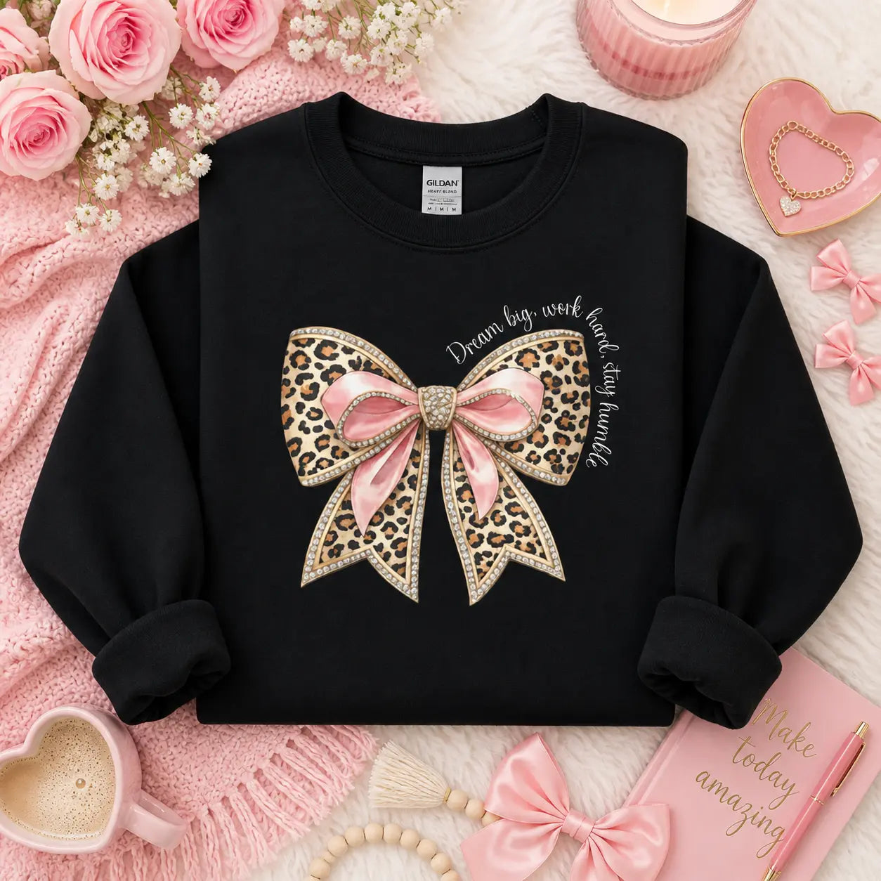 Leopard Bow Crewneck Sweatshirt — Dream Big, Work Hard, Stay Humble Printify