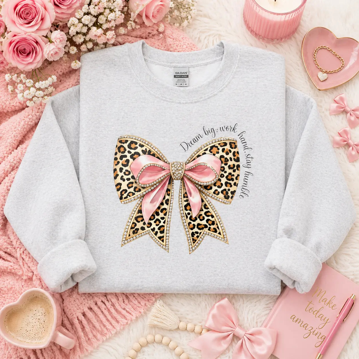 Leopard Bow Crewneck Sweatshirt — Dream Big, Work Hard, Stay Humble Printify