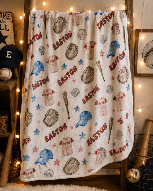 Personalized Baseball Velveteen Plush Blanket – Custom Name Sports Bedding Throw