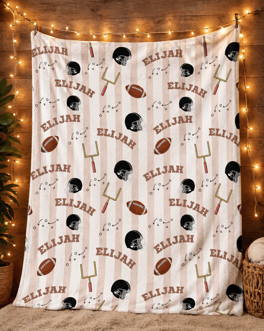 Personalized Football Plush Blanket — Custom Name Pattern, Soft Velveteen Throw for Kids