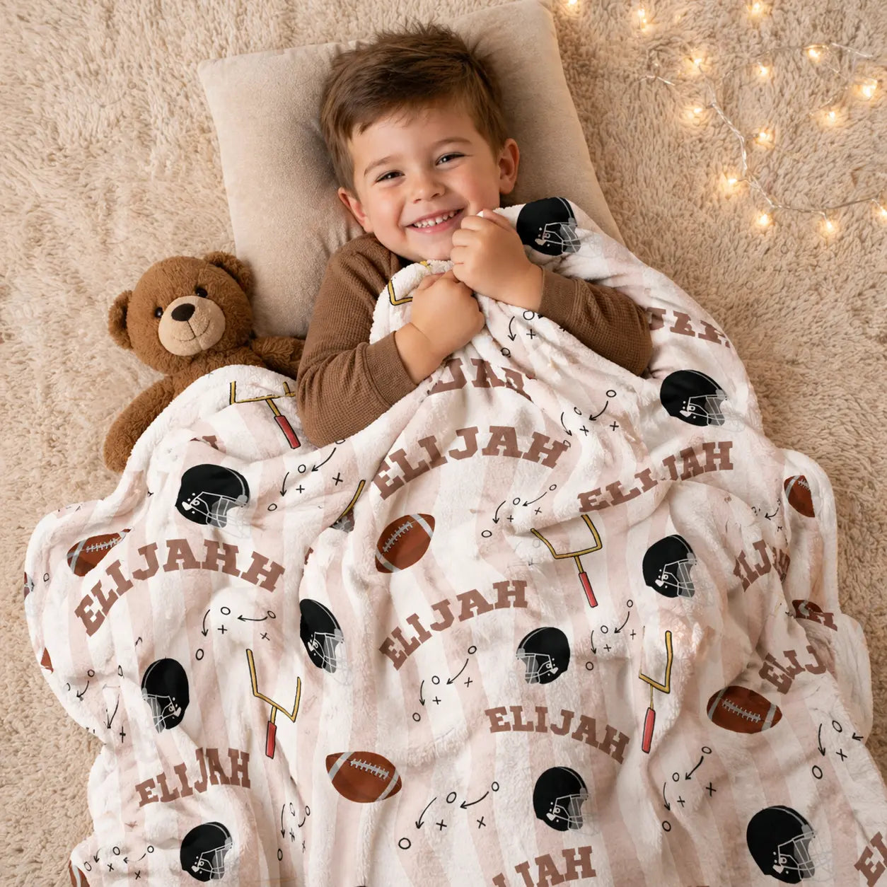 Personalized Football Plush Blanket — Custom Name Pattern, Soft Velveteen Throw for Kids Printify