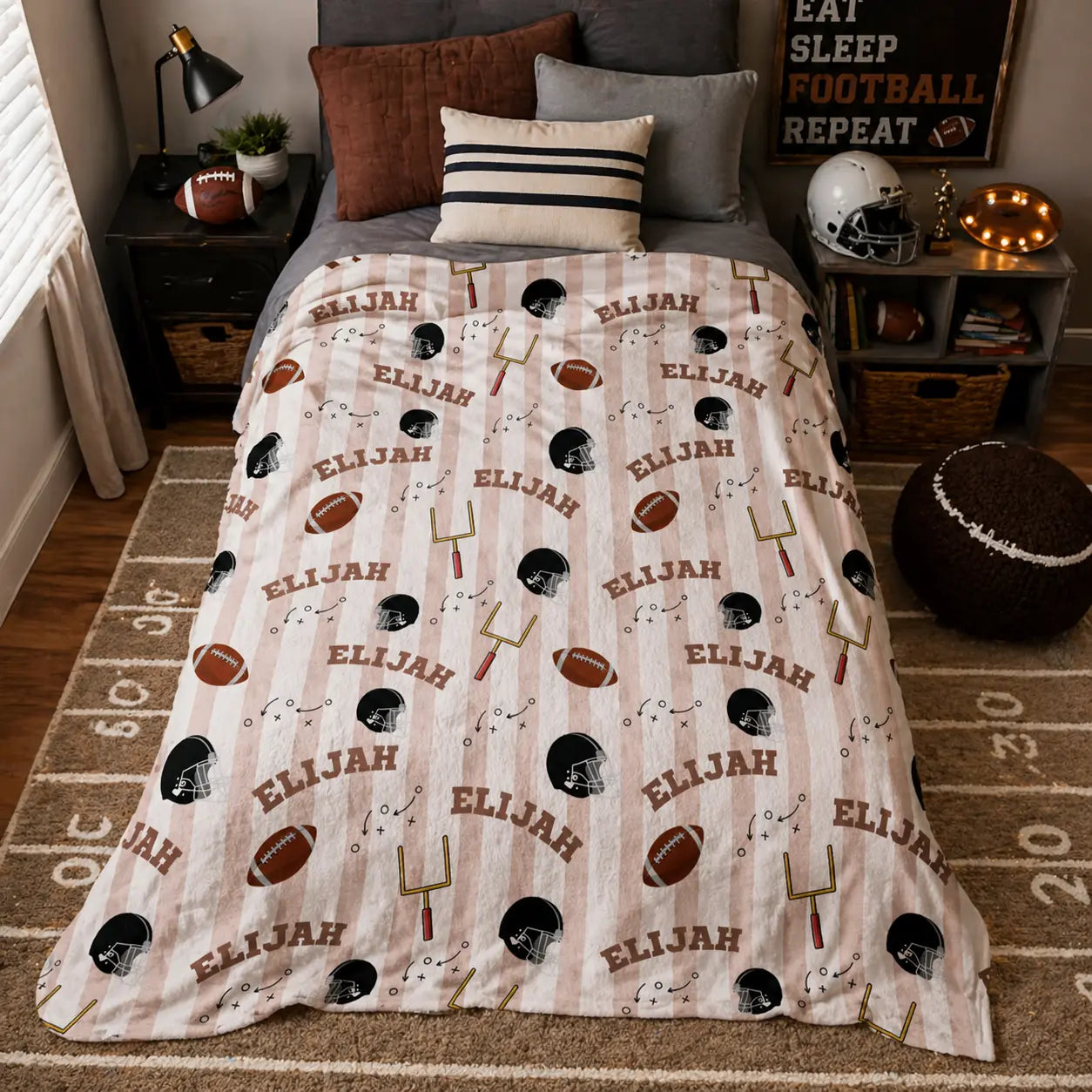 Personalized Football Plush Blanket — Custom Name Pattern, Soft Velveteen Throw for Kids Printify