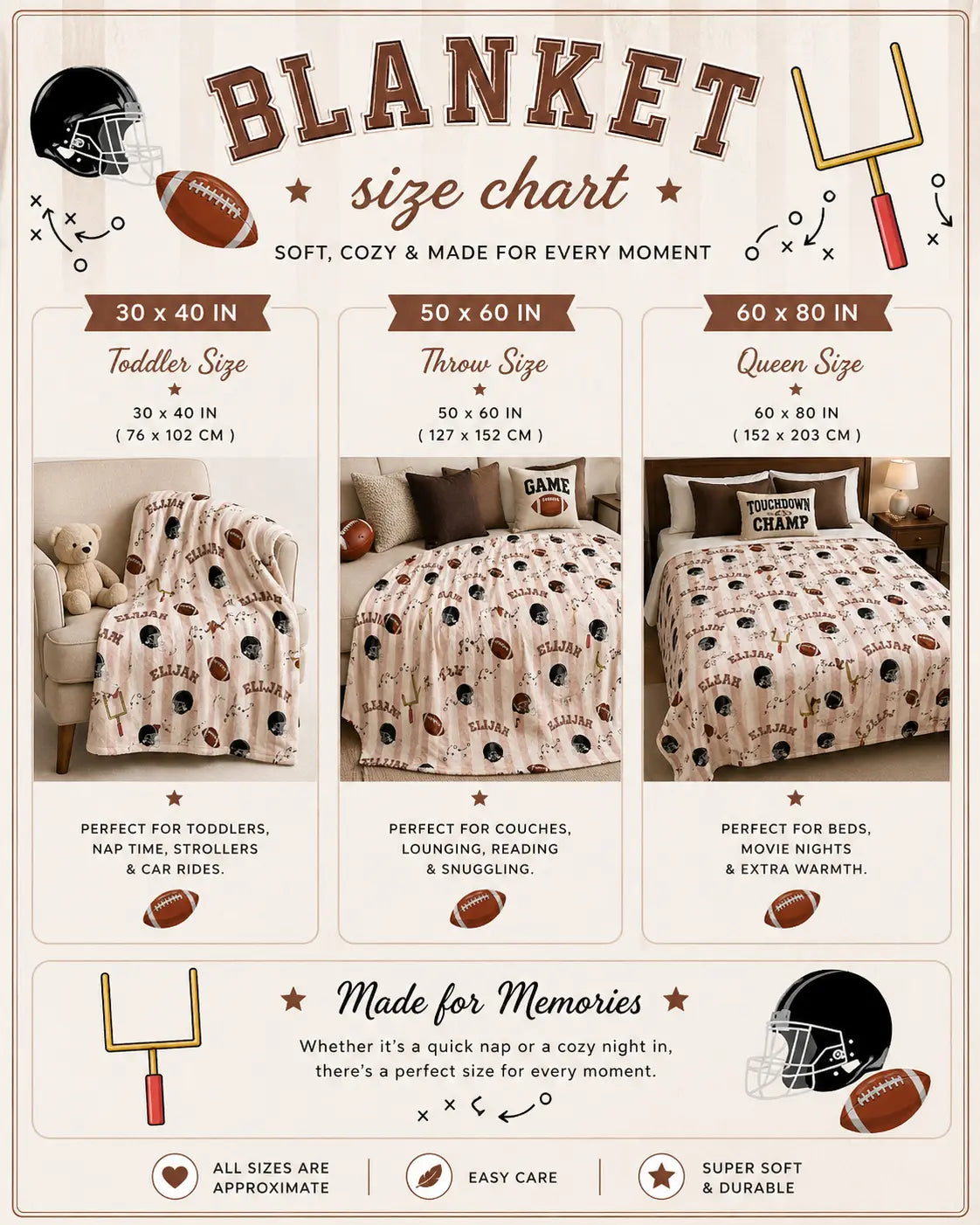 Personalized Football Plush Blanket — Custom Name Pattern, Soft Velveteen Throw for Kids Printify