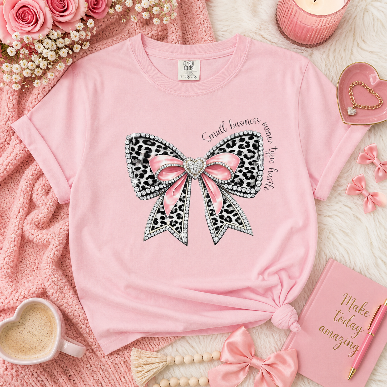 Bow Graphic for Small Business Owners T-Shirt — Leopard Print Pink Ribbon Small Business owner Type Hustle