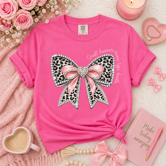 Bow Graphic for Small Business Owners T-Shirt — Leopard Print Pink Ribbon Small Business owner Type Hustle