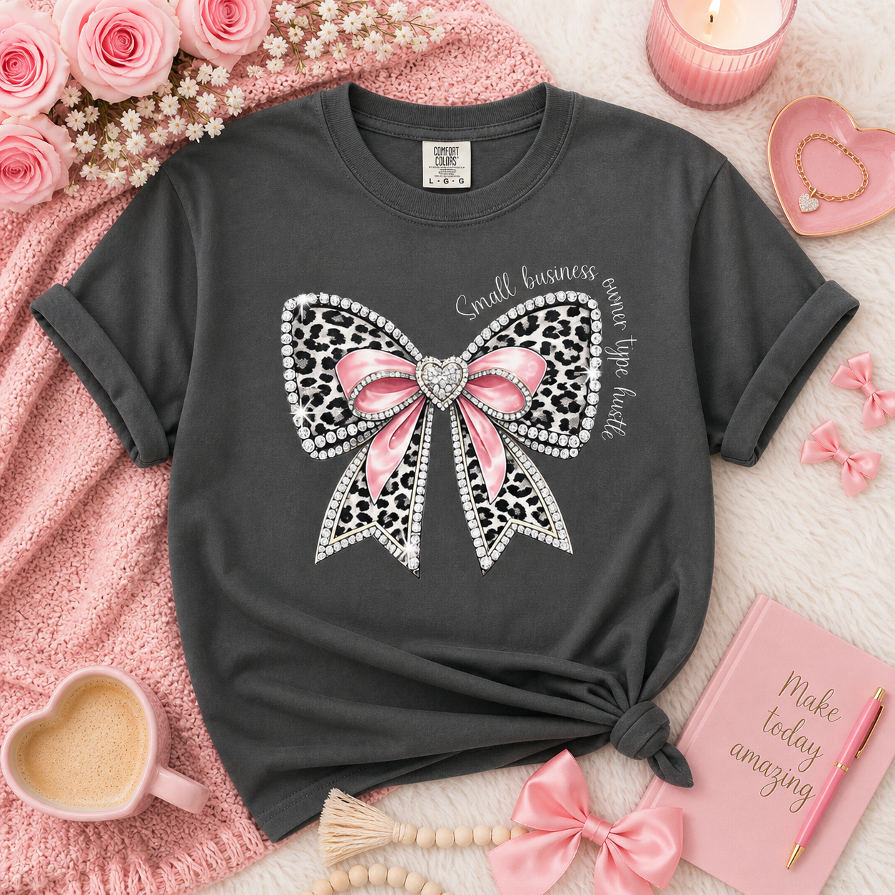 Bow Graphic for Small Business Owners T-Shirt — Leopard Print Pink Ribbon Small Business owner Type Hustle