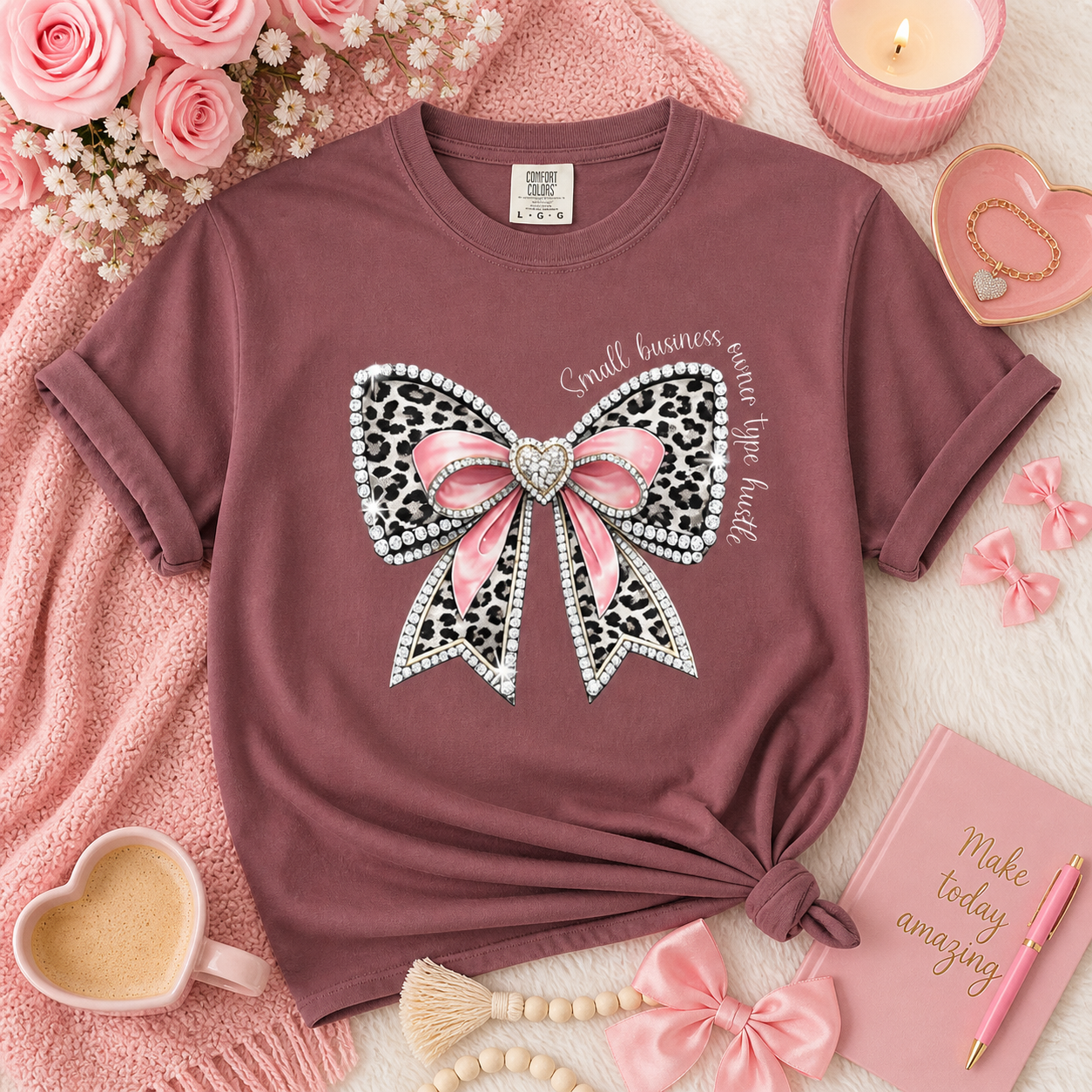 Bow Graphic for Small Business Owners T-Shirt — Leopard Print Pink Ribbon Small Business owner Type Hustle