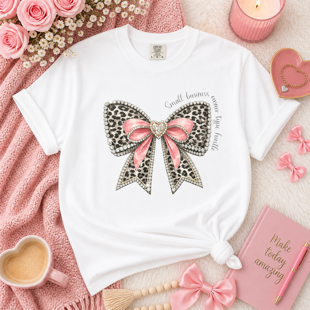 Bow Graphic for Small Business Owners T-Shirt — Leopard Print Pink Ribbon Small Business owner Type Hustle