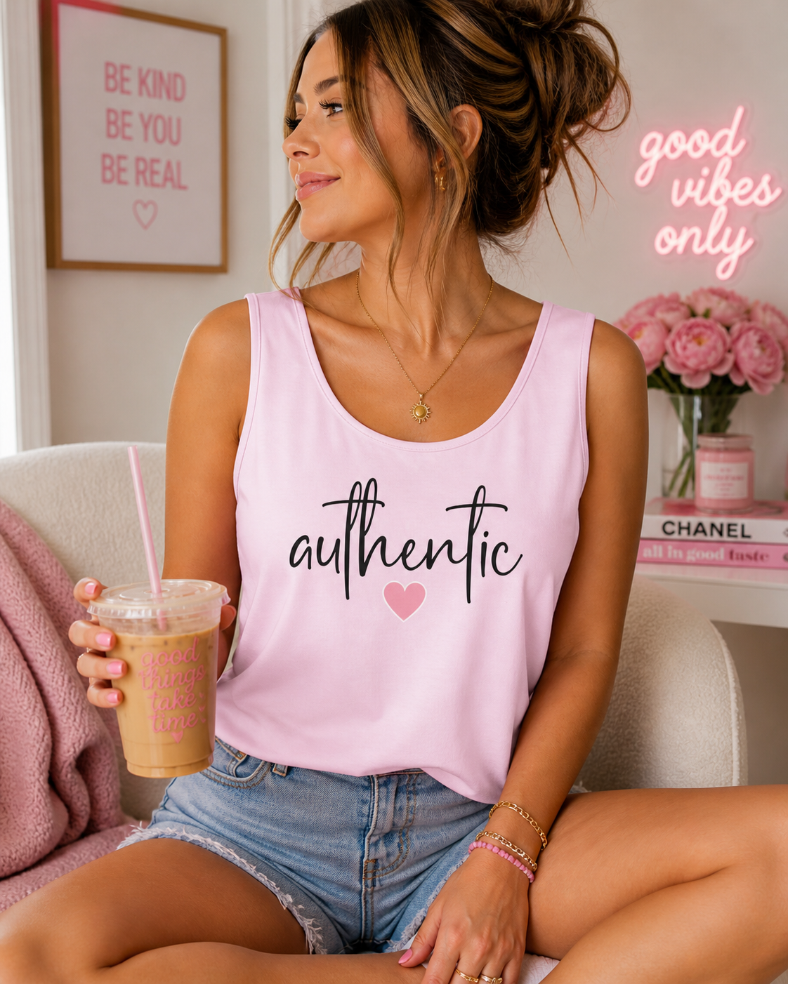 Authentic Heart Tank Top — Handwritten Script Graphic for Women