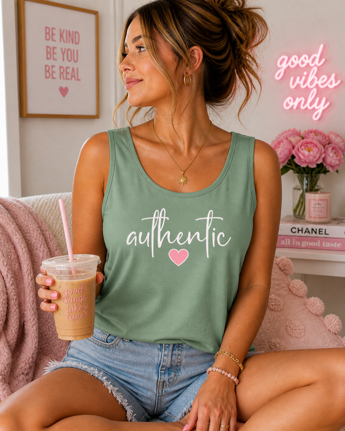Authentic Heart Tank Top — Handwritten Script Graphic for Women