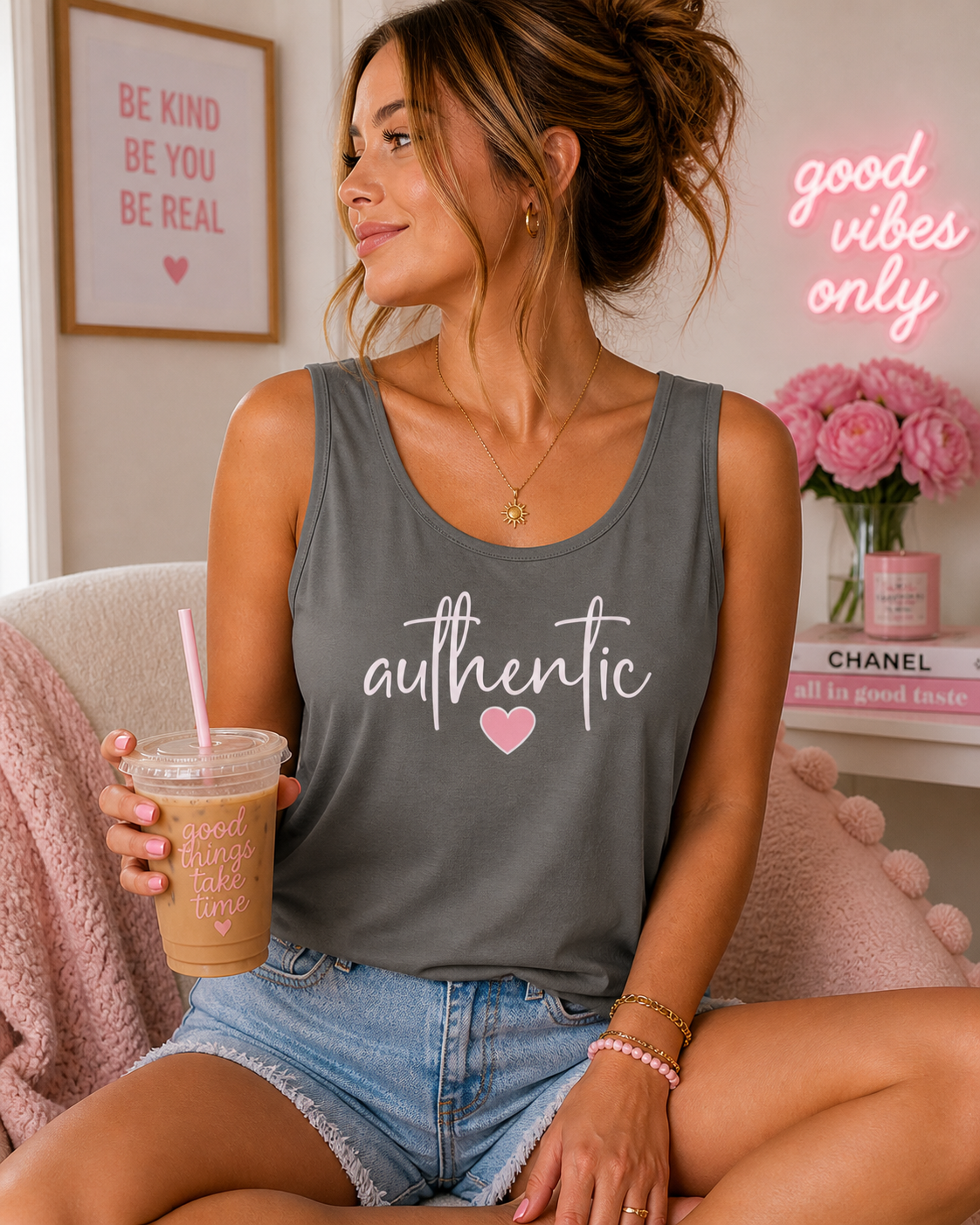 Authentic Heart Tank Top — Handwritten Script Graphic for Women