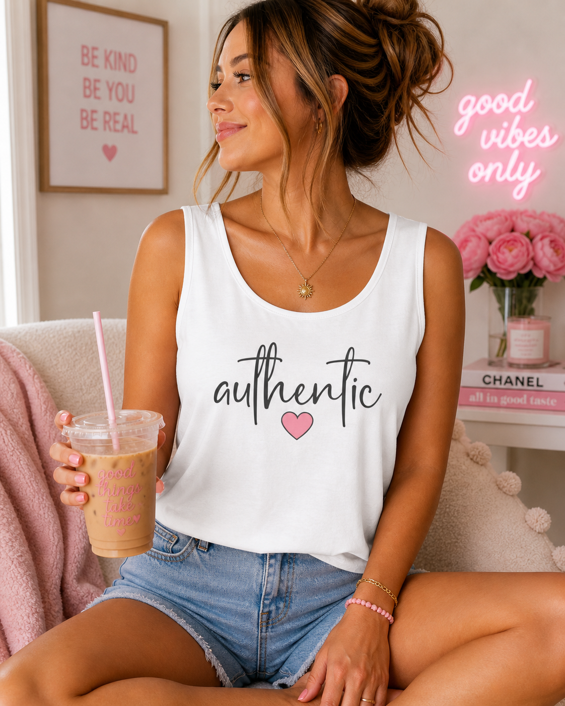 Authentic Heart Tank Top — Handwritten Script Graphic for Women