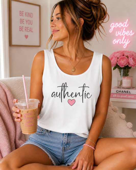 Authentic Heart Tank Top — Handwritten Script Graphic for Women