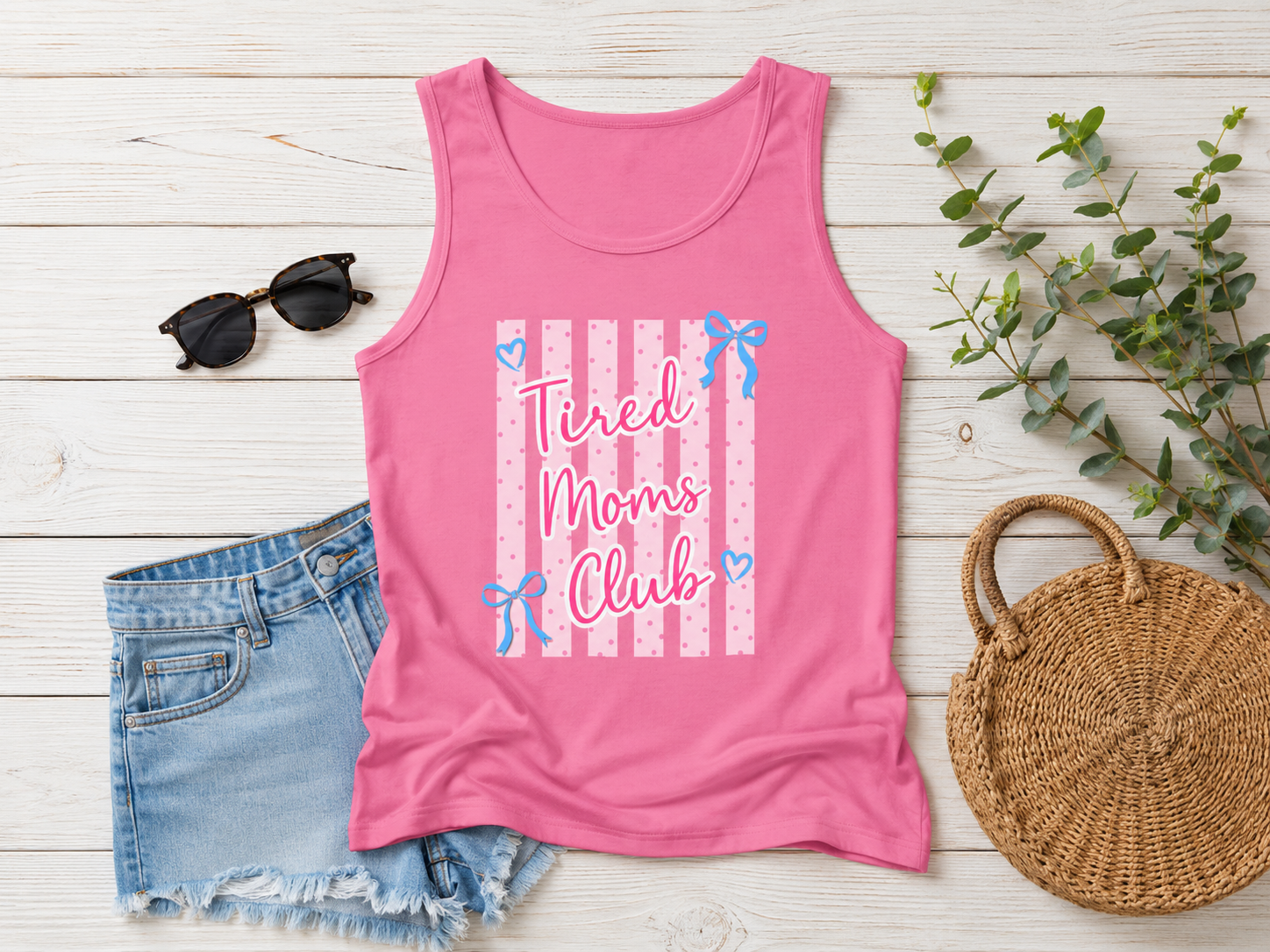 Tired Moms Club Tank Top — Cute Pink Striped Motherhood Graphic Tank Printify