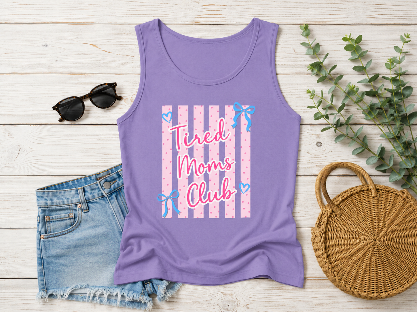 Tired Moms Club Tank Top — Cute Pink Striped Motherhood Graphic Tank Printify