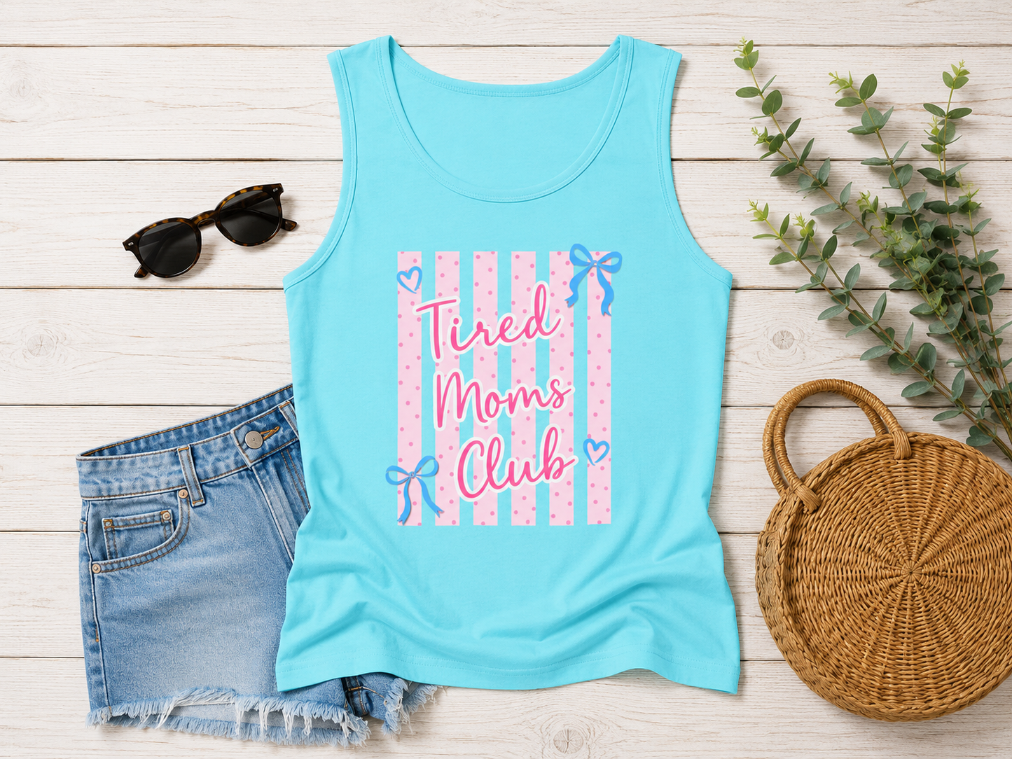 Tired Moms Club Tank Top — Cute Pink Striped Motherhood Graphic Tank Printify