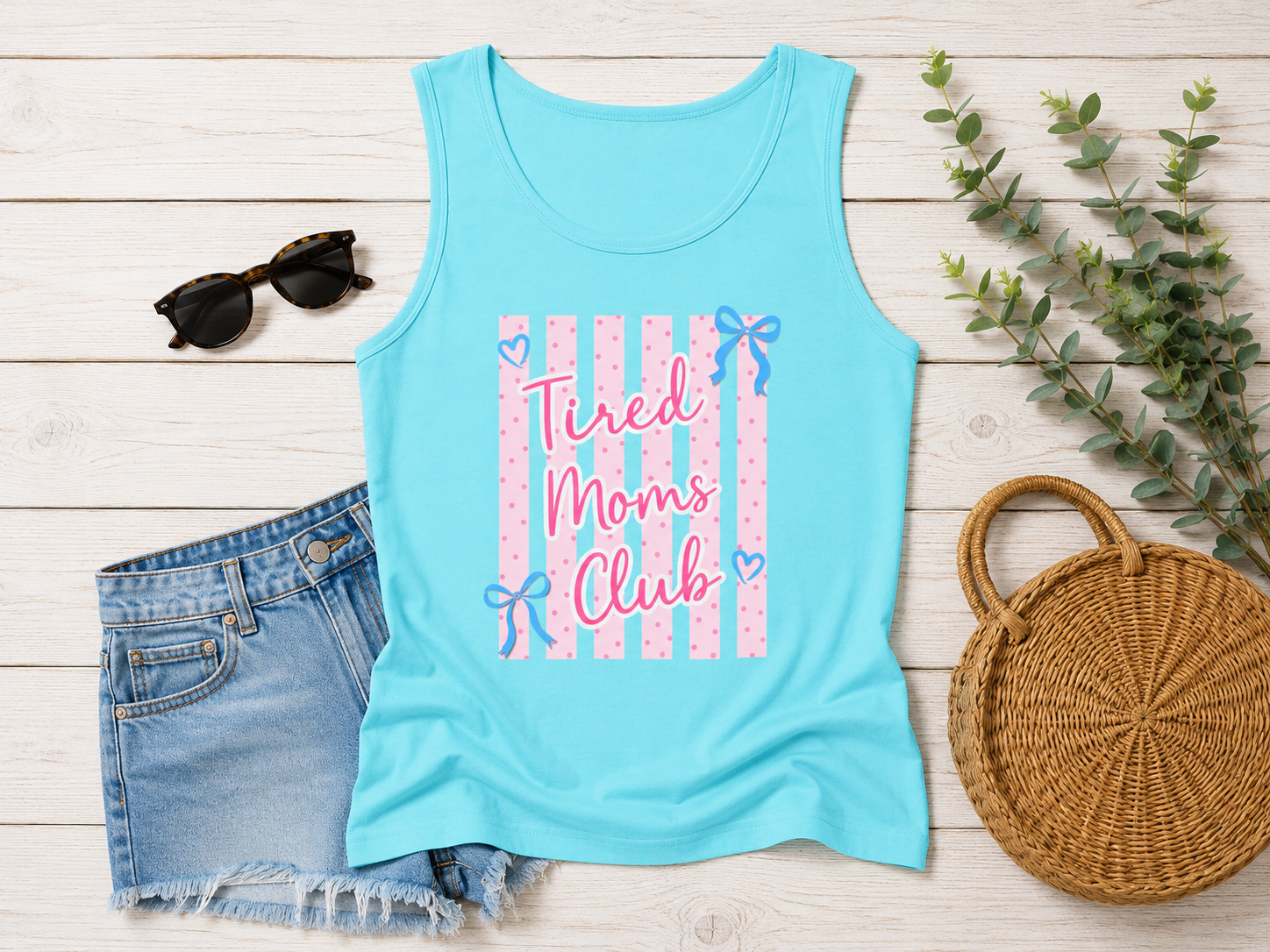 Tired Moms Club Tank Top — Cute Pink Striped Motherhood Graphic Tank Printify