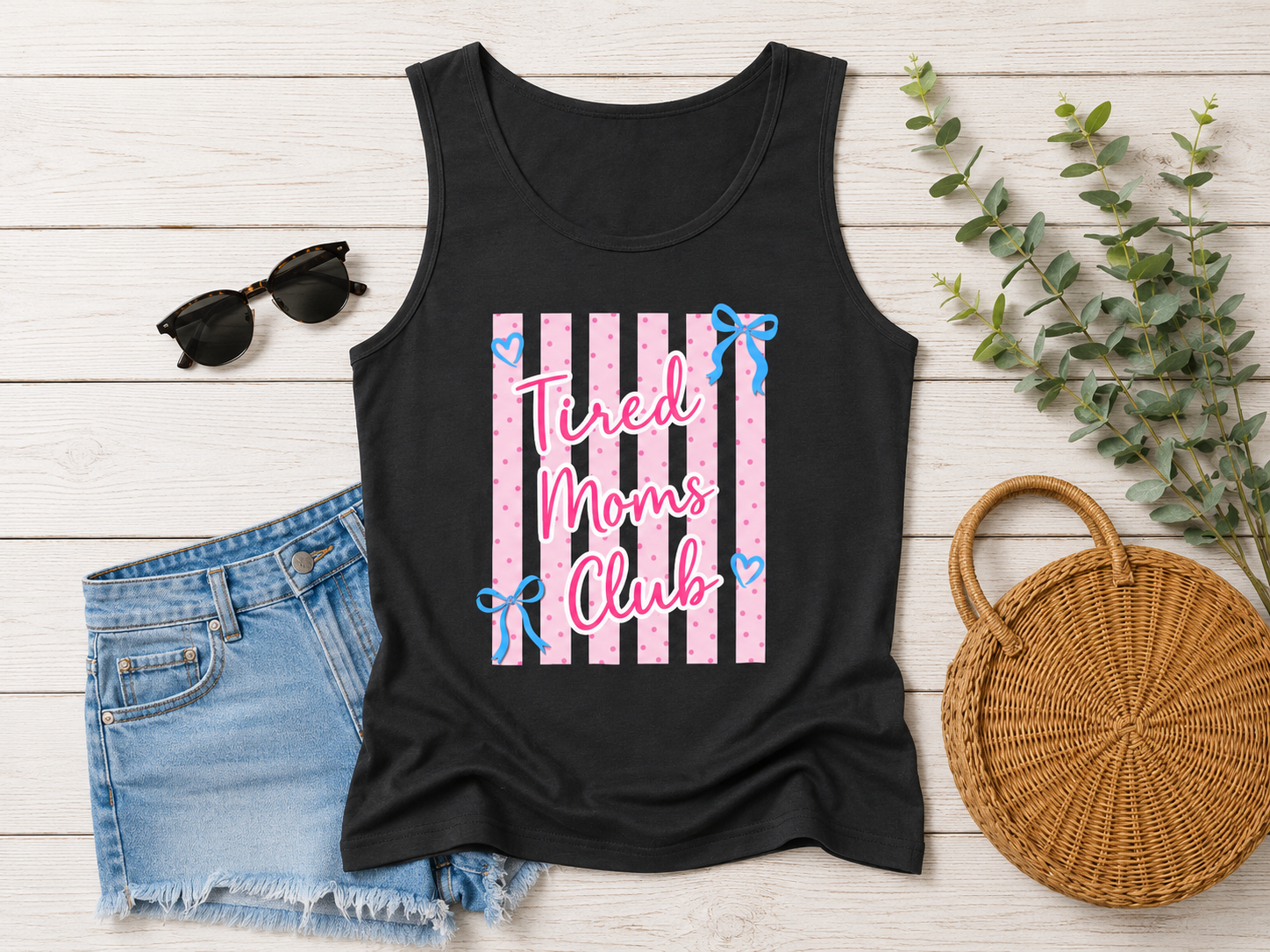 Tired Moms Club Tank Top — Cute Pink Striped Motherhood Graphic Tank Printify