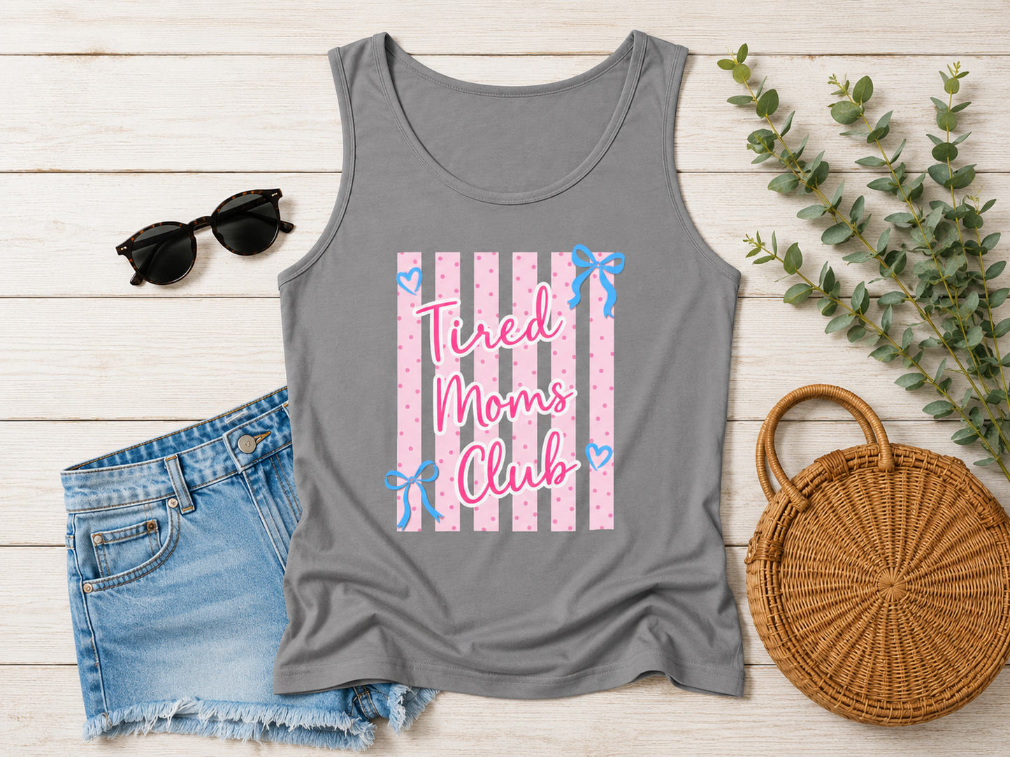 Tired Moms Club Tank Top — Cute Pink Striped Motherhood Graphic Tank Printify