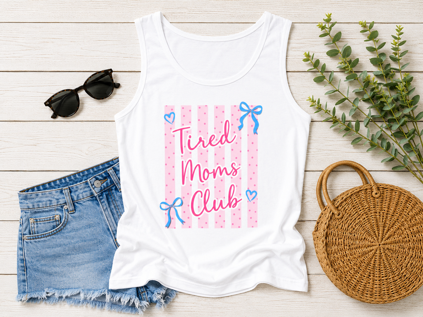 Tired Moms Club Tank Top — Cute Pink Striped Motherhood Graphic Tank Printify