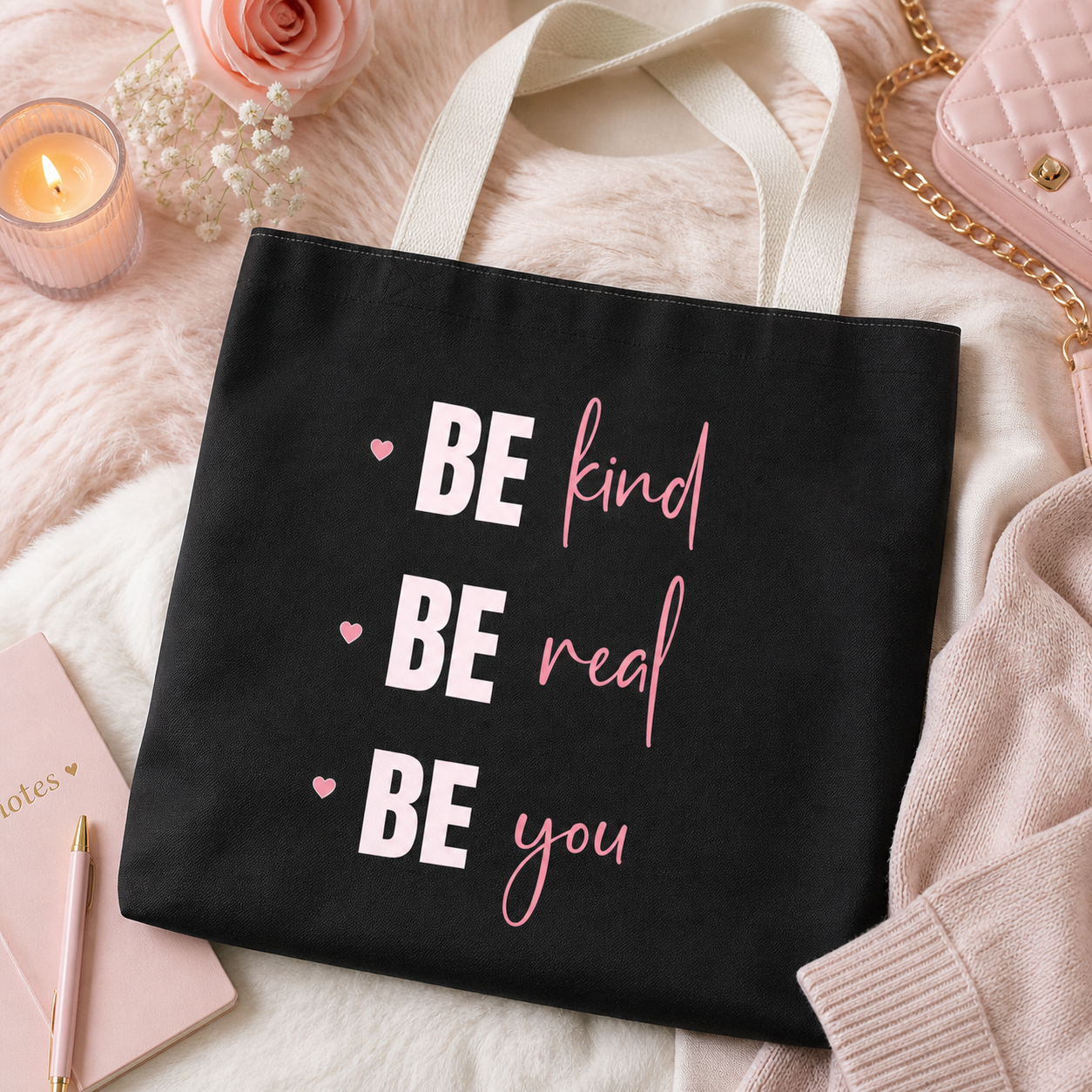 Tote Bag — "BE kind • BE real • BE you" Inspirational Canvas Tote